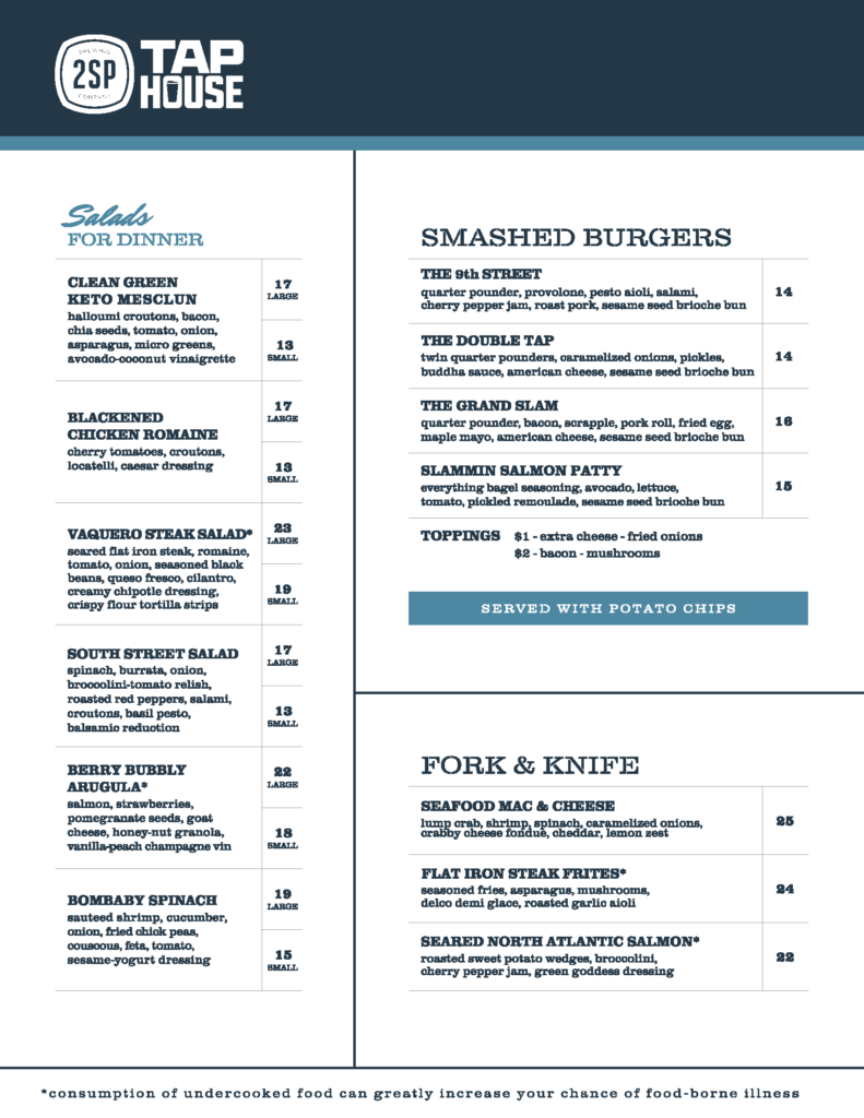 2SP Tap House Updated Menu December 2022 Page 2